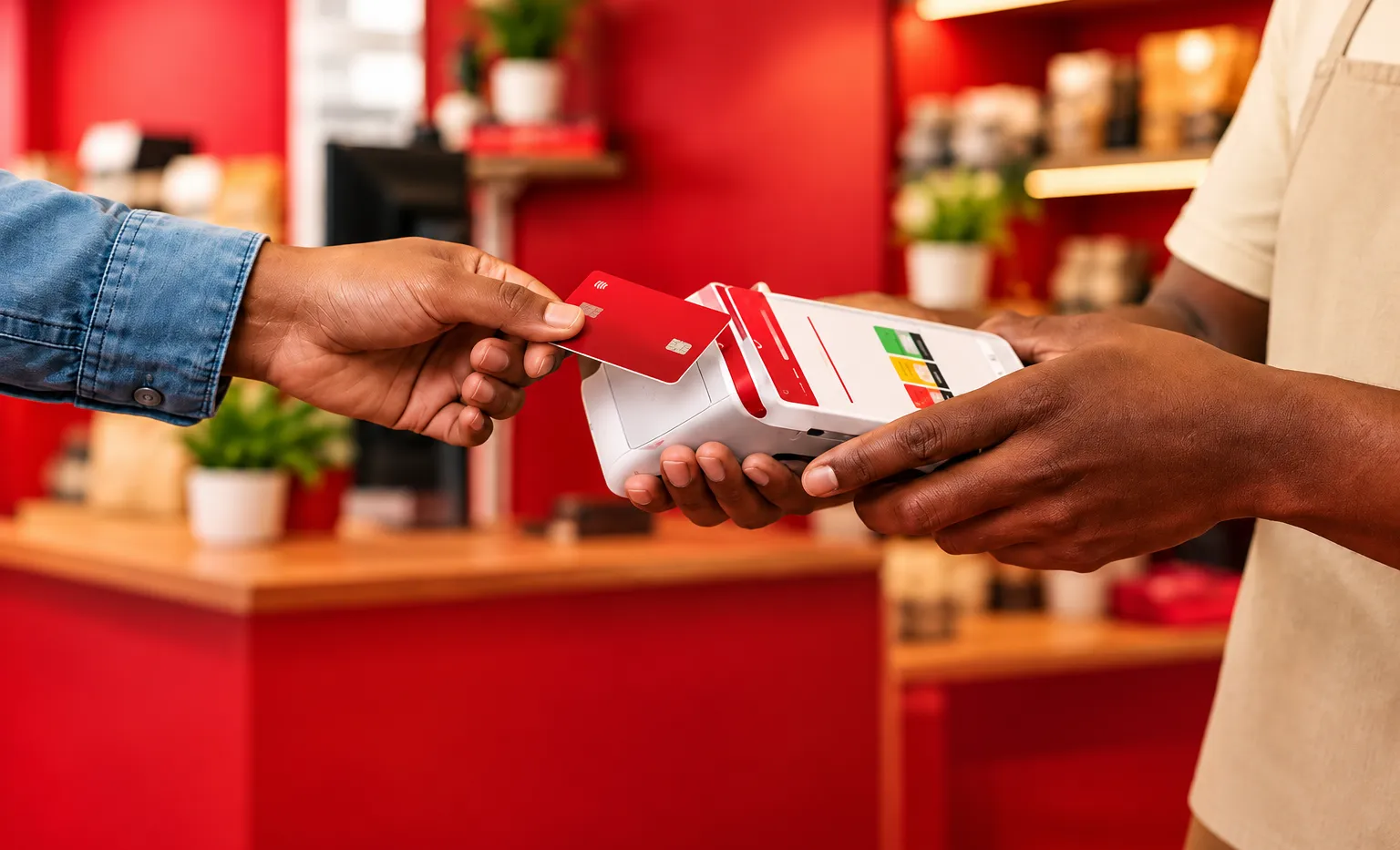 Klant houdt een bankpas bij het POS-apparaat van een winkelier
