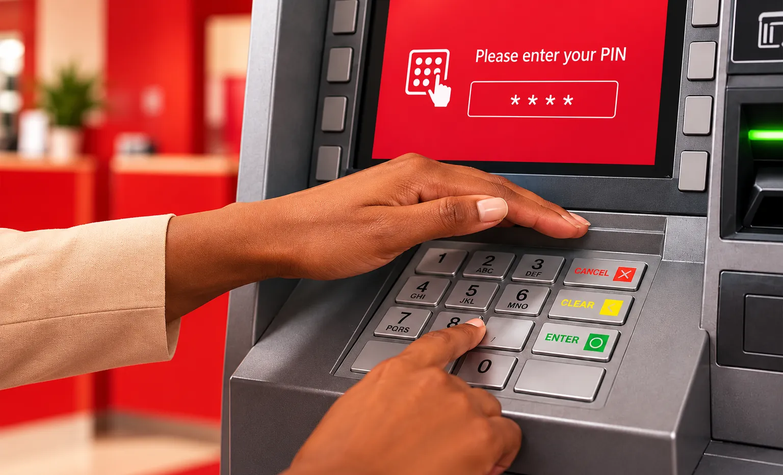 Iemand dekt met de hand het toetsenbord af bij het invoeren van de pincode